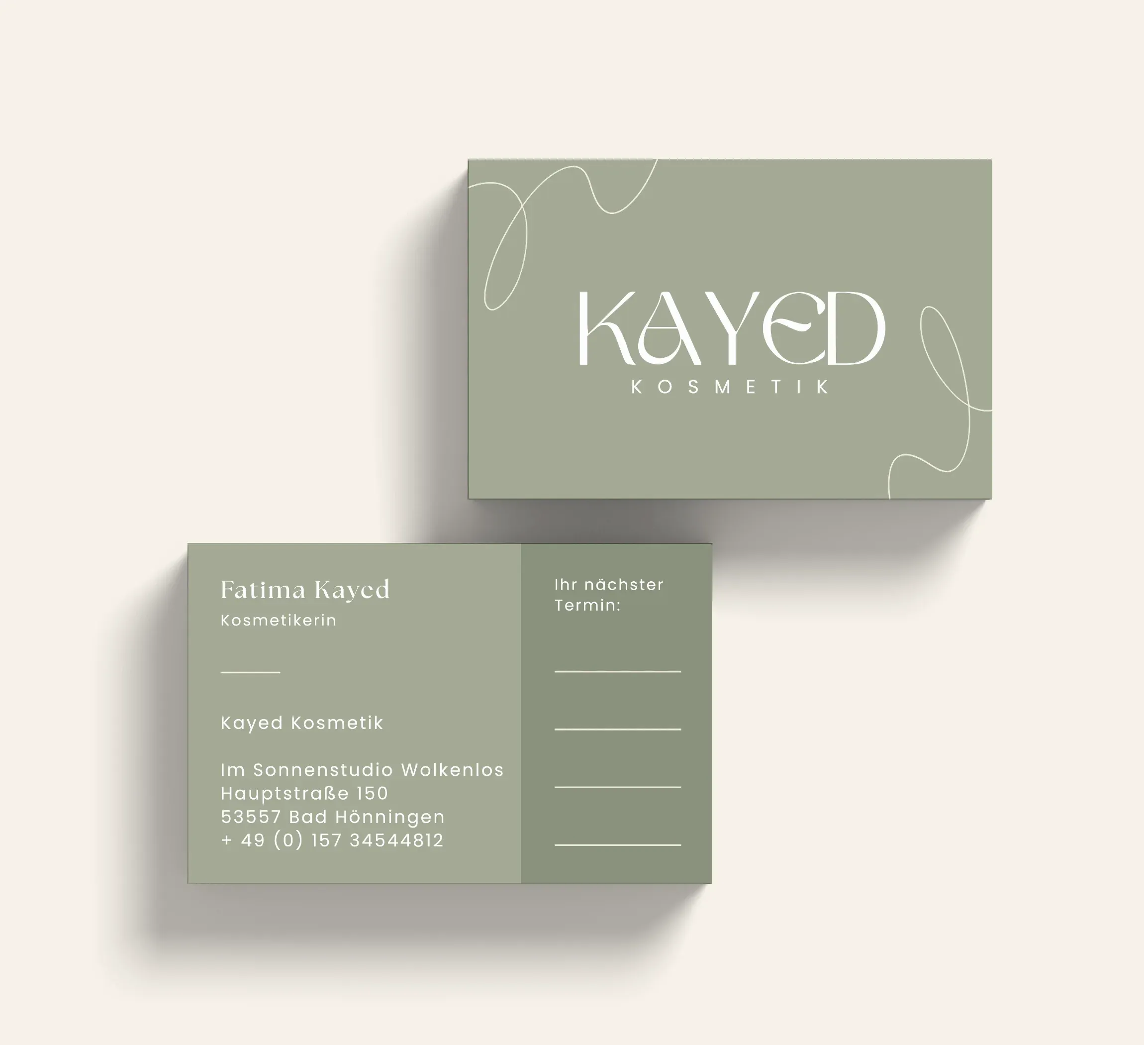 Visitenkarte für Kayed Kosmetik — Kontaktseite mit Monogramm